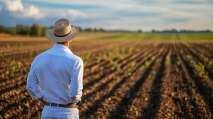 Looking far away. Man in white shirt is on the agricultural field