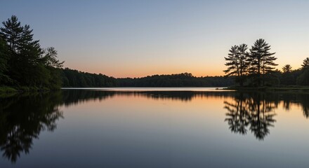 Fototapeta premium Serene lake landscape reflecting twilight hues with silhouettes of trees in the foreground, creating a tranquil atmosphere