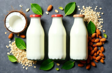 Bottles of alternative milk lie on a gray background. Glass bottle of soy, coconut and oat milk. Assorted alternative milks. Lactose-free product. Healthy breakfast.