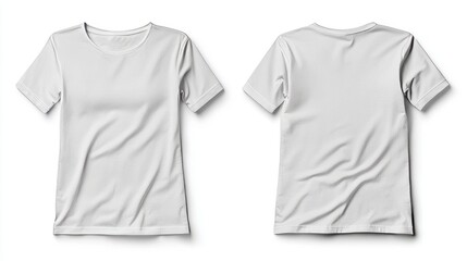 For a mockup of two white short-sleeve t-shirts placed side by side with a white background. 