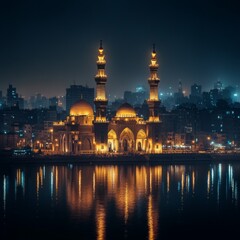 Obraz premium Illuminated Mosque Reflecting on Night River