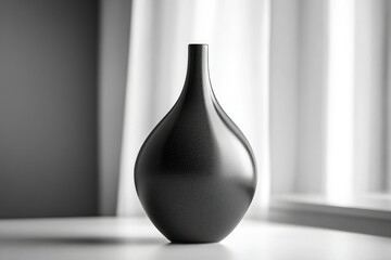 Elegant black vase, sleek design, modern decor, minimalist aesthetic, sits on a white surface near a window.