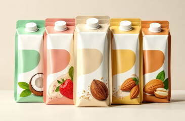 Packages of alternative milk with a picture stand on a beige background. Almond milk. Coconut milk. Oat milk. Soy milk.  with milk.