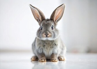 Obraz premium Adorable Gray Bunny with Long Ears, Tilt-Shift Photography, White Background Stock Photo