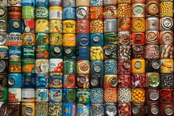 A colorful wall mosaic made from various canned goods, arranged in rows, A mosaic of canned food images forming a larger picture