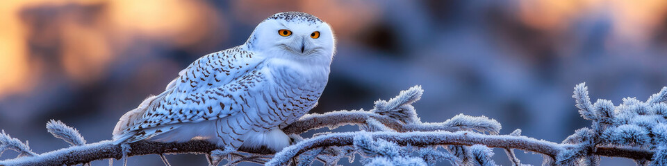 Fototapeta premium Snowy owl perched on a frosty branch with blurred winter background. Concept of winter and wildlife. For winter wildlife photo.