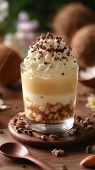 Delicious layered dessert with cream, chocolate shavings, and nuts on a wooden table in a cozy setting