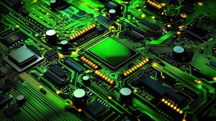 Fototapeta premium Green Circuit Board Closeup Central Processing Unit, Technology, Electronics, Data, Innovation