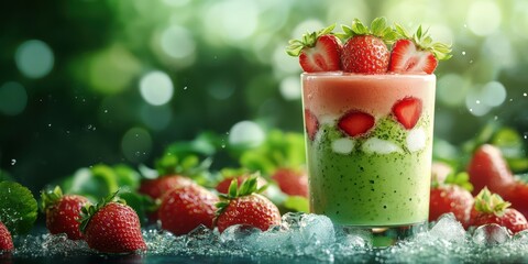 Refreshing layered fruit dessert served in a glass with strawberries in a vibrant outdoor setting during daylight