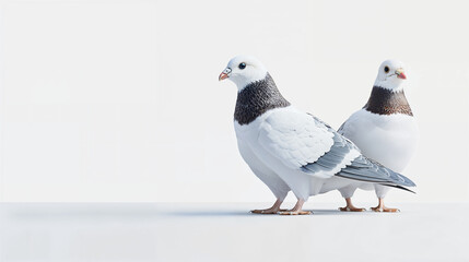 Pigeons standing together on a clean surface in a well-lit environment with soft shadows in the background
