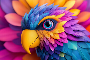 Fototapeta premium Feathers burst with vibrant hues as a breathtaking tropical bird perches amidst colorful foliage