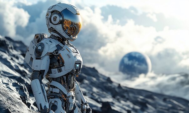 Astronaut robot on alien planet, gazing at Earth