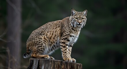 Naklejka premium Wild Bobcat Perched on Tree Stump in Forest Habitat