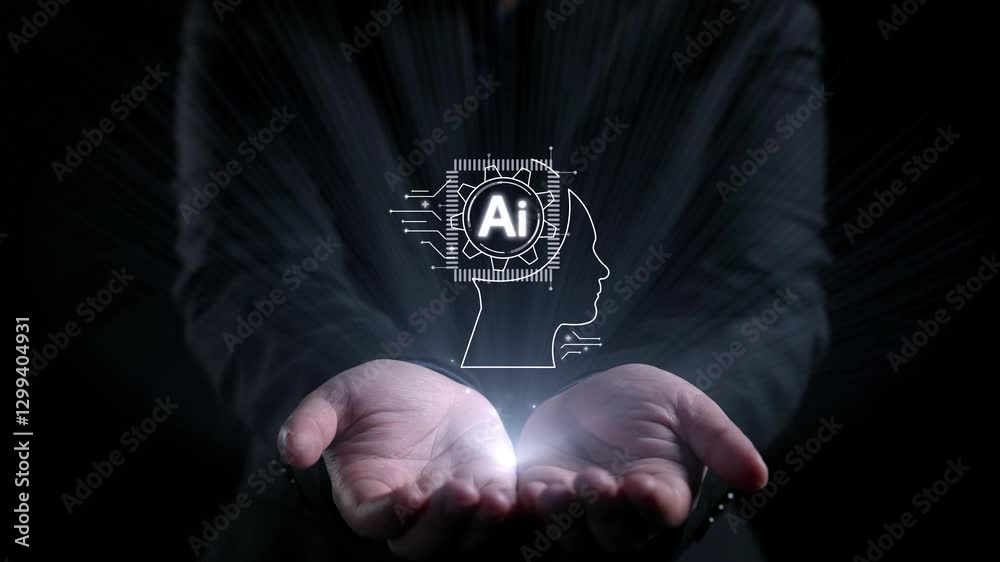 Poster human interact with ai artificial intelligence brain processor in concept of ai artificial intellige