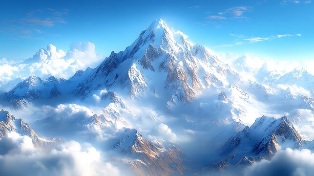 Bright blue sky above snow covered mountain peak landscape high resolution hd image