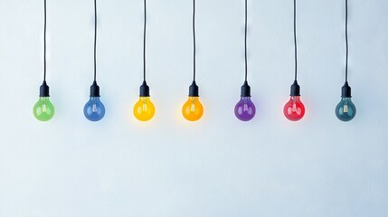   A strip of multi-colored light bulbs dangling from a wire on a white backdrop with a blue wall as a backdrop