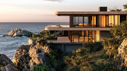Modern cliffside house with ocean view at sunset. (1)
