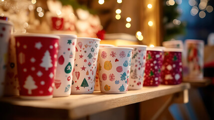Close-up of festive reusable cups on a wooden stall at a holiday market