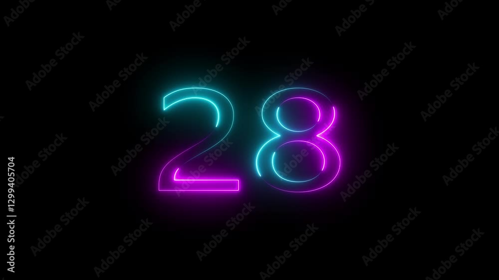 Wall mural abstract glowing neon text 28 number countdown icon.neon number 28 with alpha channel,