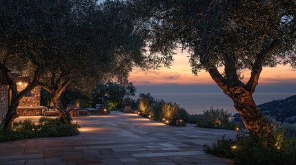 Obraz premium Sunset view from a Mediterranean patio with olive trees and stone pathway.