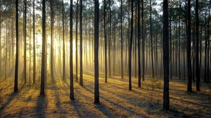 Fototapeta premium Sunrise in a pine forest with fog and long shadows.