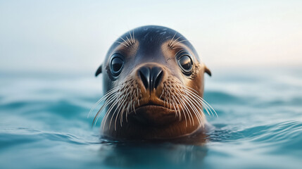 Fototapeta premium A rehabilitated sea lion emerges from the calm blue waters, its expressive eyes glistening with life as it makes its way back to the open ocean at dawn, symbolizing hope and recovery