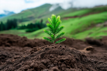 Young spruce tree growing in dark soil on a hillside. Green needles symbolize reforestation, environmental conservation, and sustainable forestry. Fresh growth in natural landscape with rolling hills.
