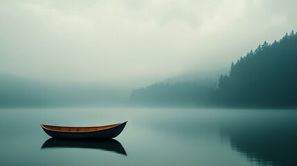 Fototapeta premium A small boat floats on a foggy lake beside a lush green forest