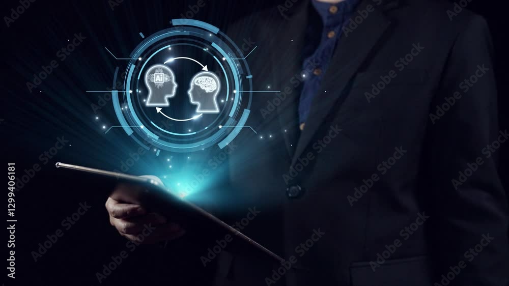Poster human interact with ai artificial intelligence brain processor in concept of ai artificial intellige