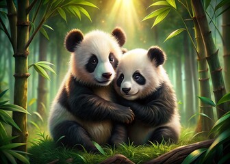 Obraz premium Adorable Panda Twins Playing: Cute Bear Cubs Hugging in Bamboo Forest