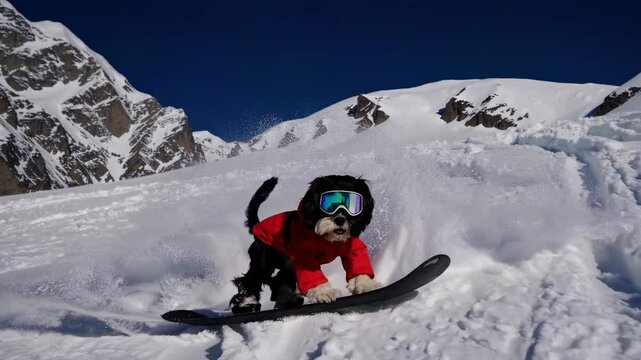 A playful video of a dog snowboarding down a snowy mountain. Captured from a low angle, the dog wears a red jacket and goggles, adding a fun twist.