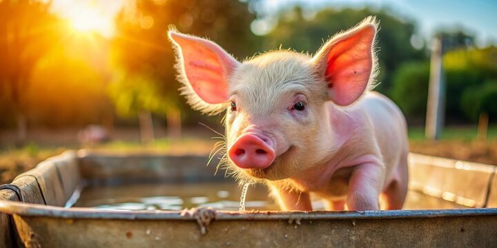 Adorable Pink Piglet Refreshing Drink of Water in Pen - Farm Animal Stock Photo