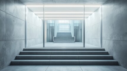 Fototapeta premium Modern minimalist concrete hallway with glass doors and stairs leading to a bright interior.