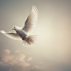 Obraz premium Graceful white dove soaring with open wings against a clear blue sky, symbolizing peace, freedom, and spiritual harmony
