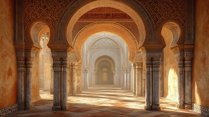 Fototapeta premium Sunlit Hallway of Intricate Arches and Columns