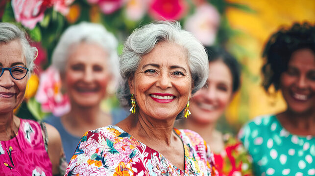 Happy elderly woman smiling with friends in floral dress outdoors. Concept of aging gracefully, friendship, senior lifestyle, women empowerment, community, celebration together National Women's Day