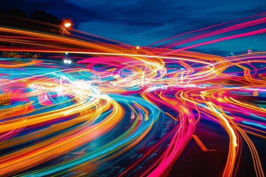 Vivid neon streaks create a dynamic abstract pattern in the night sky, Neon streaks of vibrant colors painting the sky