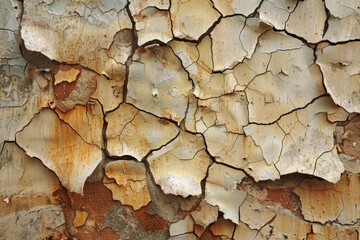 Fototapeta premium A close-up view of a weathered wall with peeling paint and cracks, showing the passage of time and exposure to the elements, Rugged, weathered surface with cracks and peeling paint