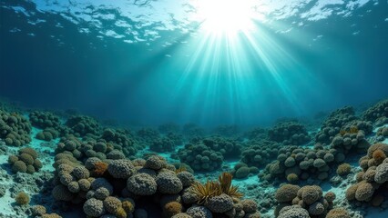 Obraz premium Underwater view of a coral reef affected by bleaching with sunlight streaming down 