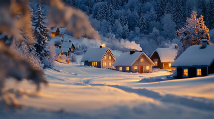 Fototapeta premium A serene snowy village nestled in a quiet valley