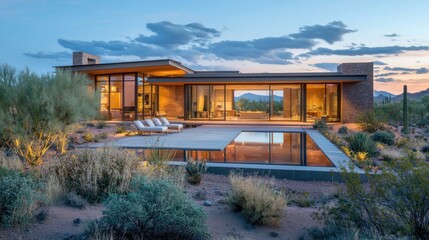 Fototapeta premium Modern desert house with infinity pool at sunset.