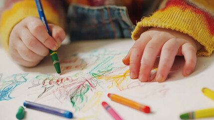 Naklejka premium Close Up of a Child's Hand Drawing with Crayons on Paper. Concept of Creativity, Childhood Art, Colorful Drawing, Imagination