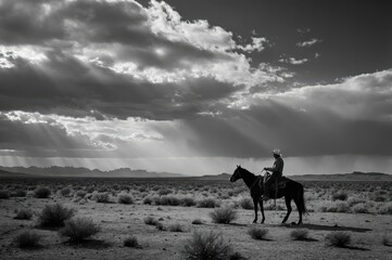Cowboy riding horse in vast desert under clouds