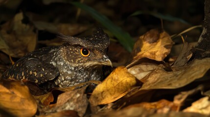 Owl camouflaged in autumn leaves, forest floor