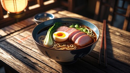 Delicious Ramen Bowl with Sliced Meat, Soft-Boiled Egg, and Vegetables on a Wooden Table in War