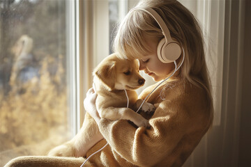 A young girl with headphones on, sitting on the floor with her small dog, sharing a tender moment. The image portrays affection and joy between the child and the pet.