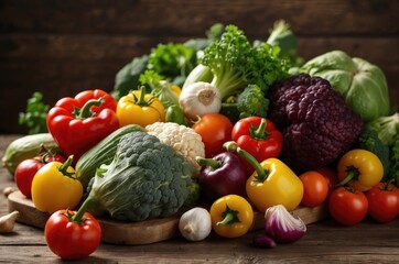 Fresh vegetables arranged on a wooden table