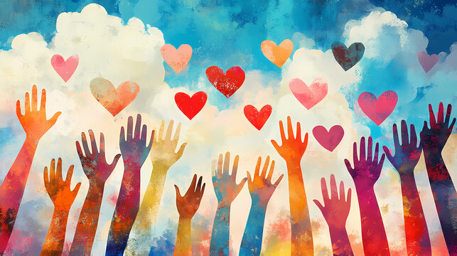 A colorful illustration of many hands reaching up with hearts symbolizing unity and love. Dream - Clouds. Illustration
