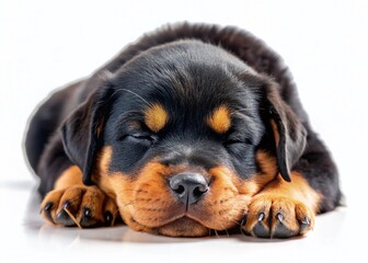 Fototapeta premium Adorable Sleeping Rottweiler Puppy, Isolated on White Background - Stock Photo