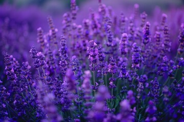 Fototapeta premium A close-up of lavender flowers in a field, showcasing the beauty and serenity of nature, A serene field of lavender